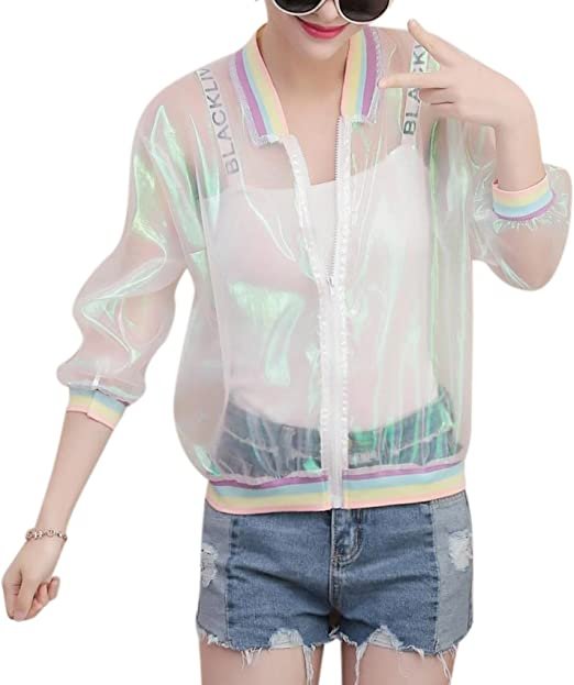 Women's Girls Hologram Rainbow Jacket Transparent Summer Sunscreen Jacket