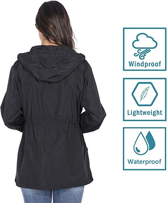 Women Packable Rain Jacket Waterproof Lightweight Raincoat Hooded for Hiking Outdoor Travel