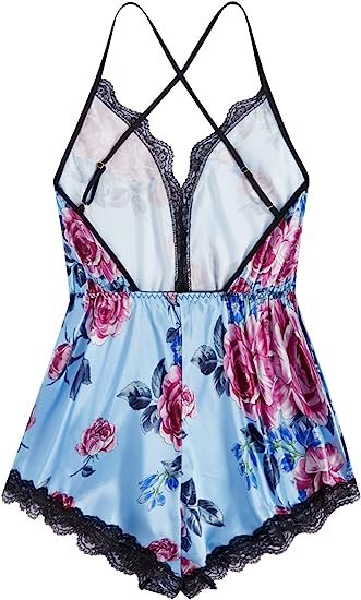 Women's Floral Print Lace Trim Backless Cami Short Romper Satin Sleepwear