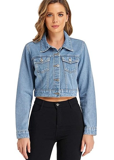 Women’s Cropped Jean Denim Jacket Button Down Long Sleeve with Pockets