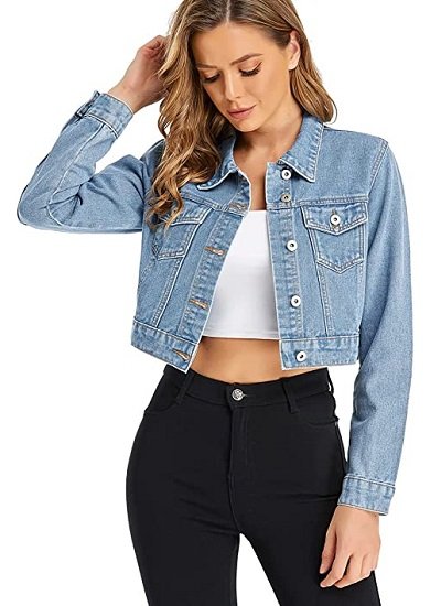 Women’s Cropped Jean Denim Jacket Button Down Long Sleeve with Pockets