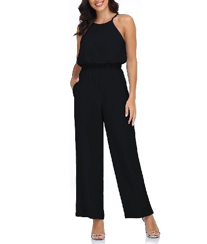 Women Jumpsuits Dressy Halter Neck Sleeveless Elastic Waist Elegant Wedding Wide Leg Romper with Pockets