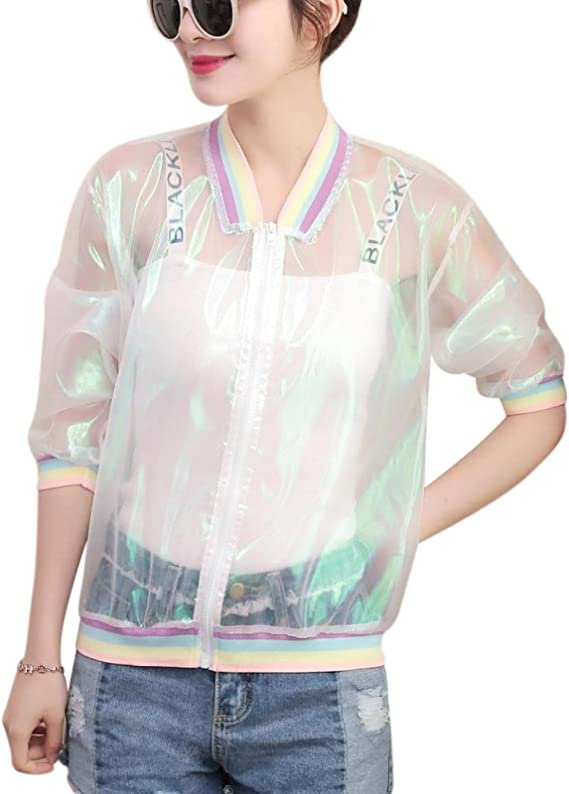 Women's Girls Hologram Rainbow Jacket Transparent Summer Sunscreen Jacket
