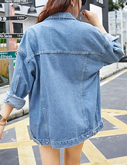 Women's Oversized Mid Long Denim Jacket Jean Biker Coat