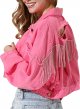 Womens Ripped Crop Rhinestone Fringe Denim Jacket Casual Cowgirl Tassel Jean Coat